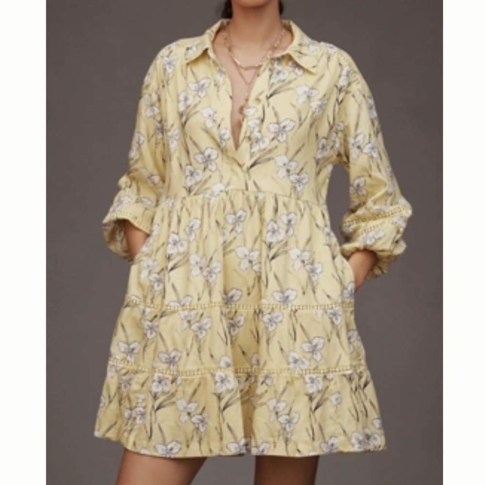The Bettina Linen Blend Tiered Mini Shirt Dress by Maeve - Color Light Yellow - Picture 4 of 4